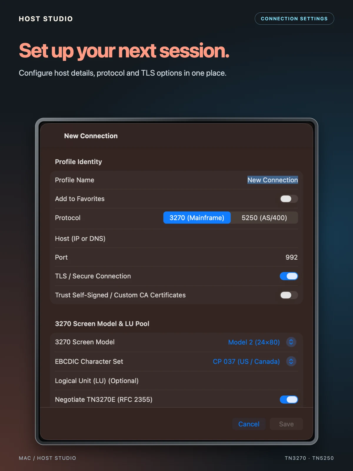Set up your next session. Configure host details, protocol and TLS options in one place. Set up each connection.