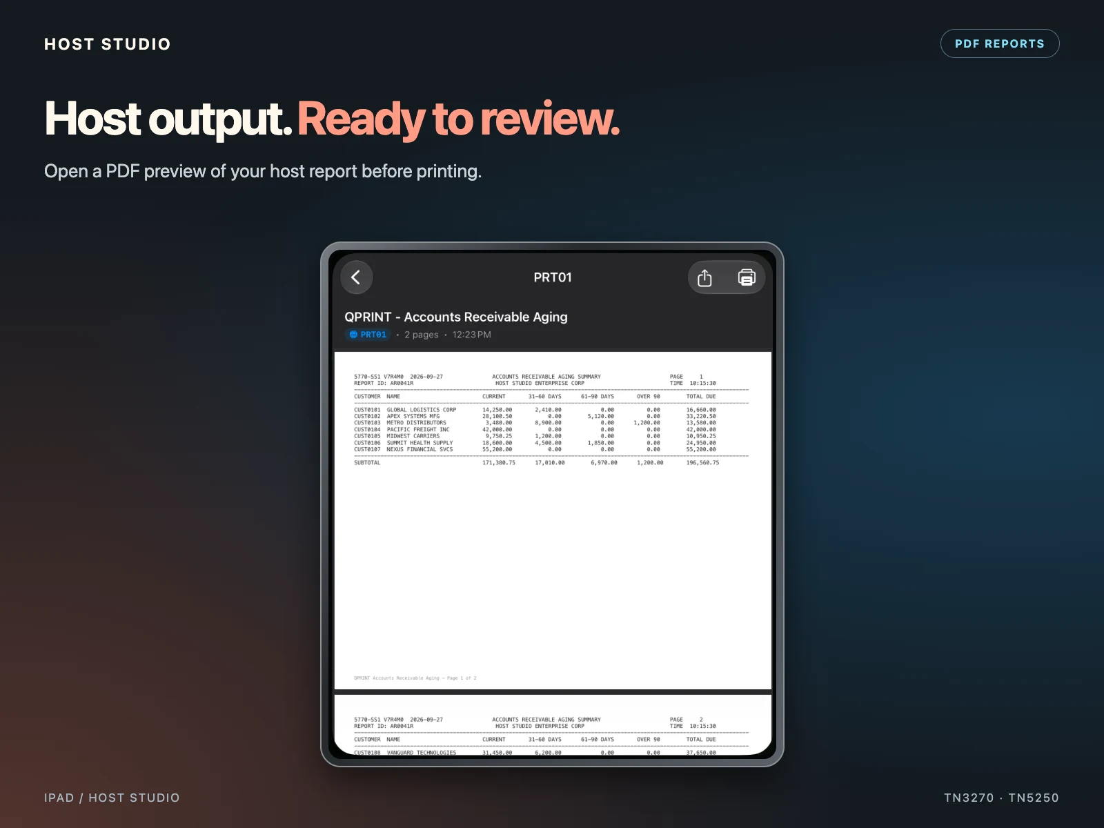 Host output. Ready to review. Open a PDF preview of your host report before printing. Host Studio — iPad — PDF report preview