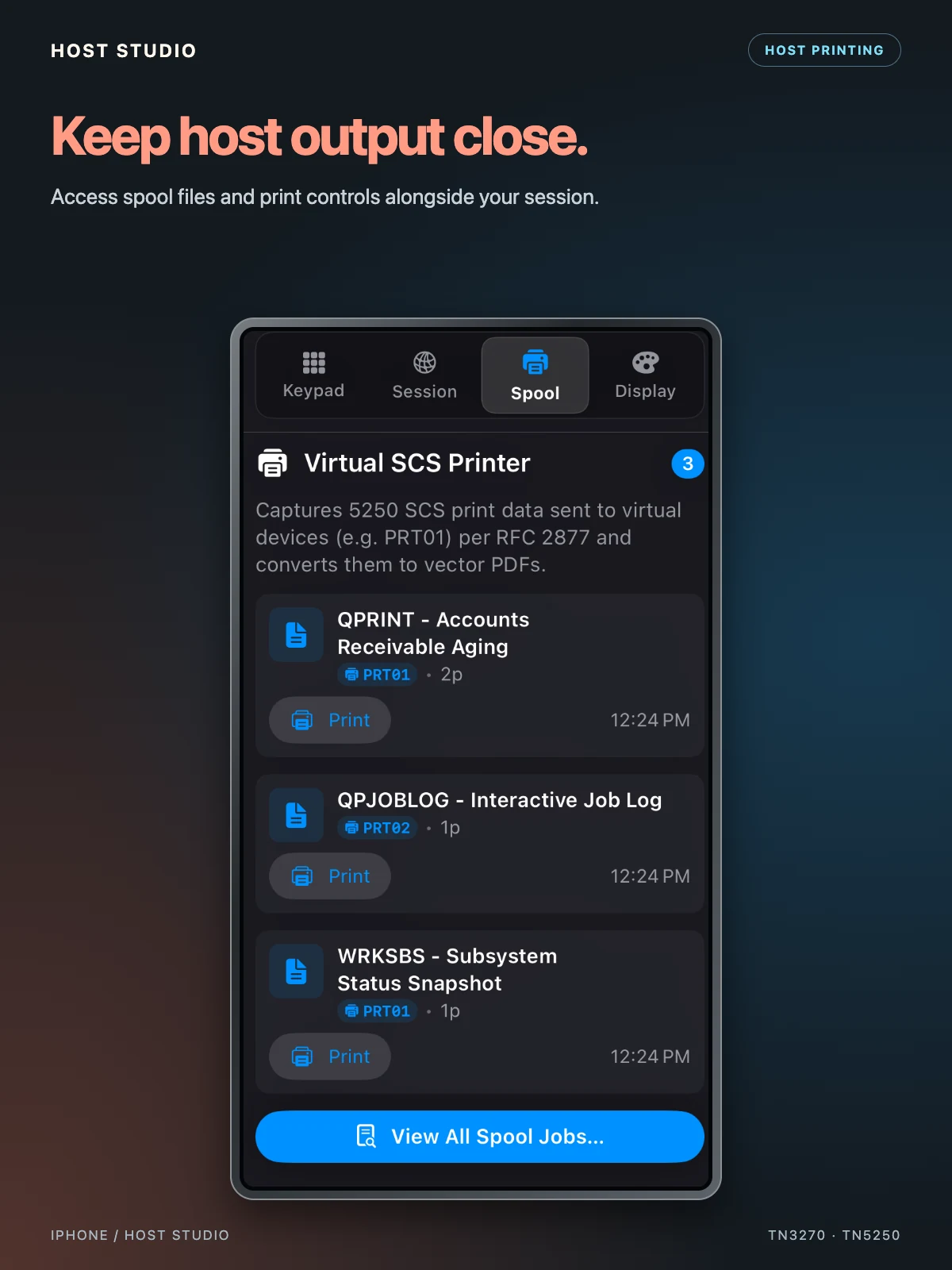 Keep host output close. Access spool files and print controls alongside your session. Host Studio — iPhone — Spool tab and virtual printer