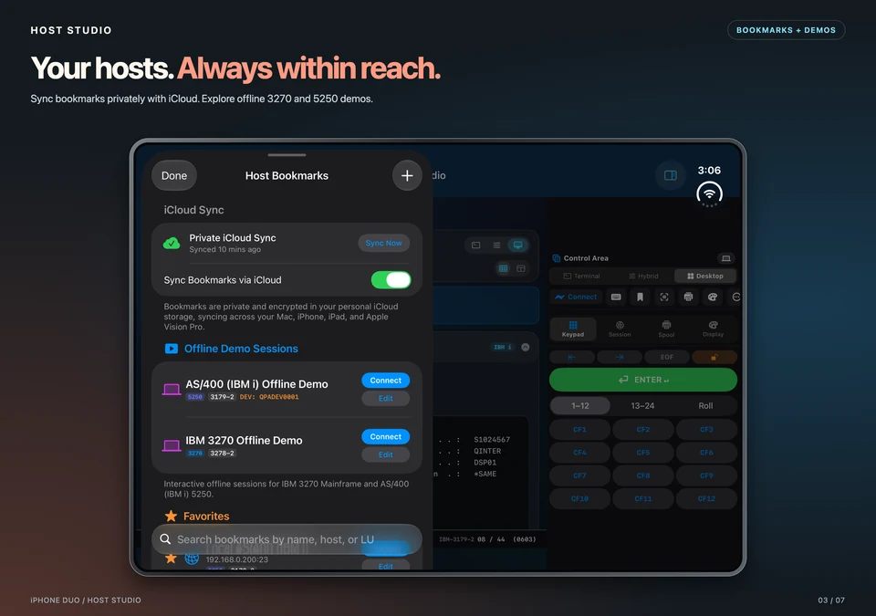 Host Studio bookmarks with private iCloud sync and offline IBM 3270 and IBM i demos.