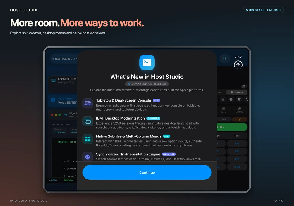 Host Studio feature overview covering split controls, desktop menus and native host workflows.