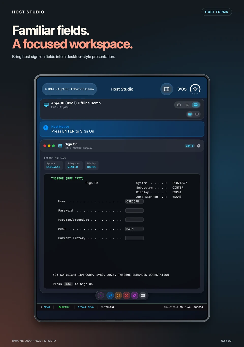 Host Studio on iPhone Duo displaying host sign-on fields in a desktop-style workspace.