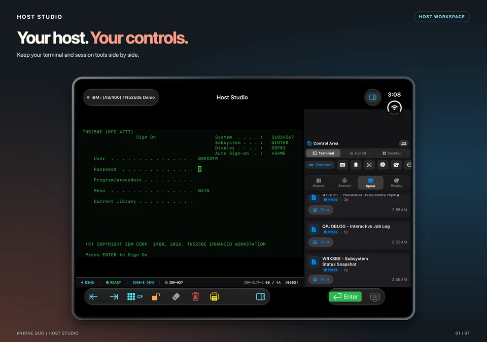 Host Studio on iPhone Duo with an IBM i terminal and session controls side by side.