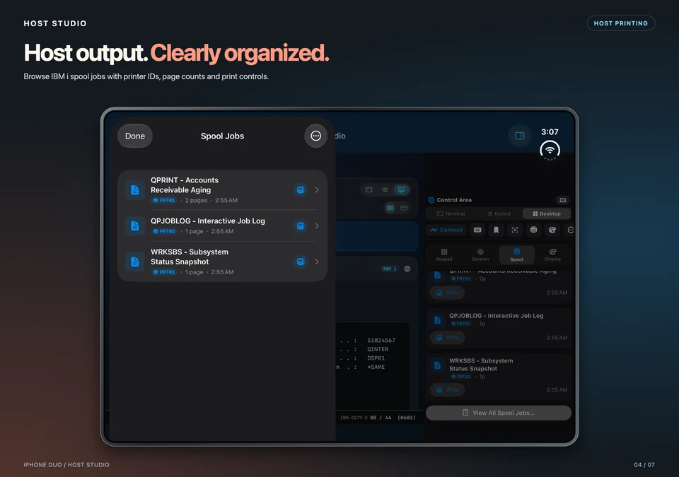 Host Studio spool jobs with printer IDs, page counts and print controls.