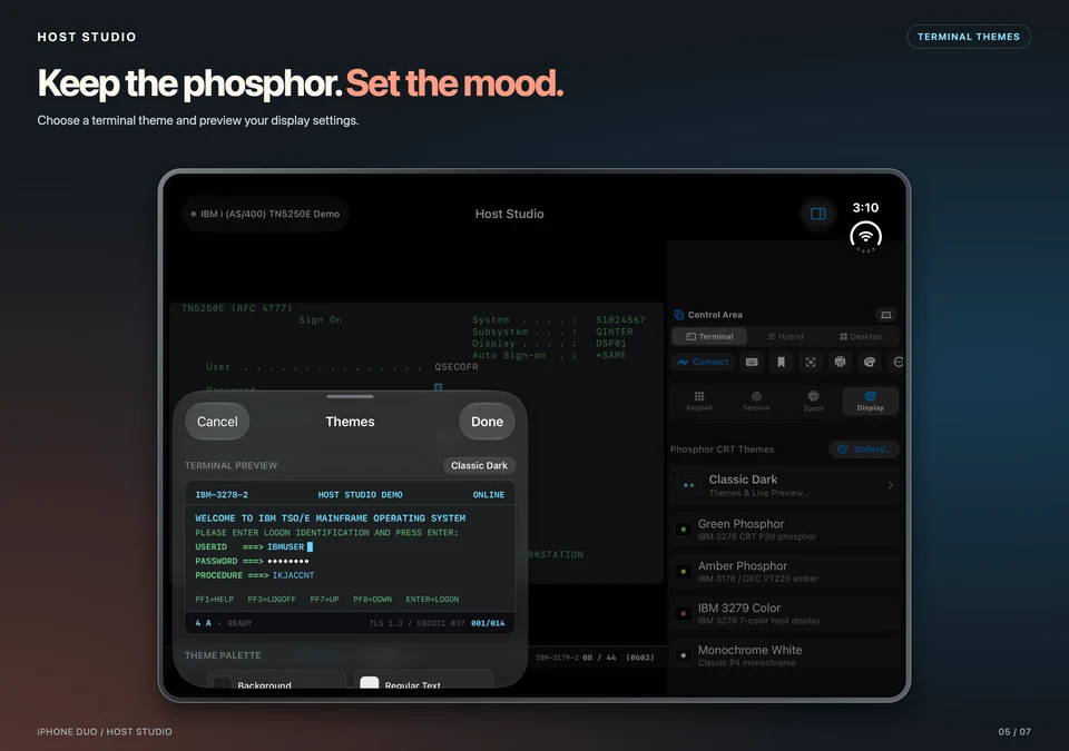 Host Studio terminal themes and display preview on iPhone Duo.