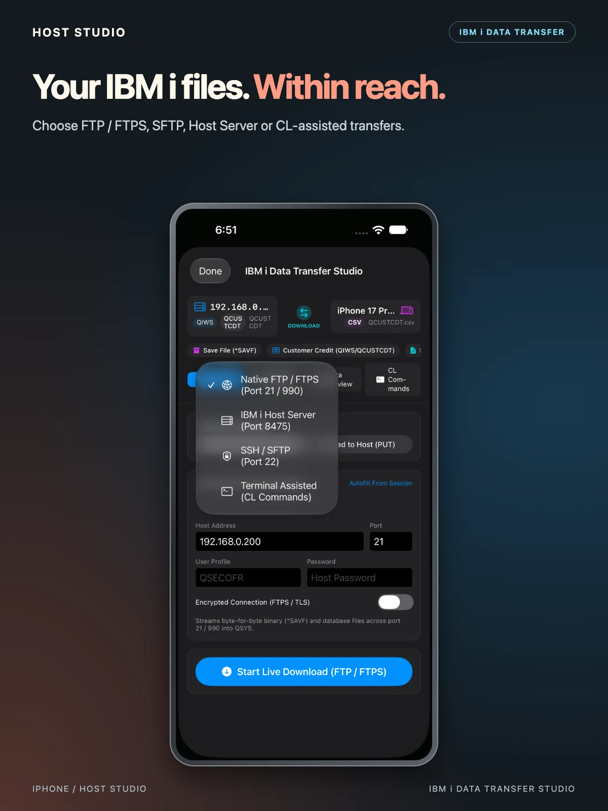 iPhone — IBM i Data Transfer Studio. Your IBM i files. Within reach.