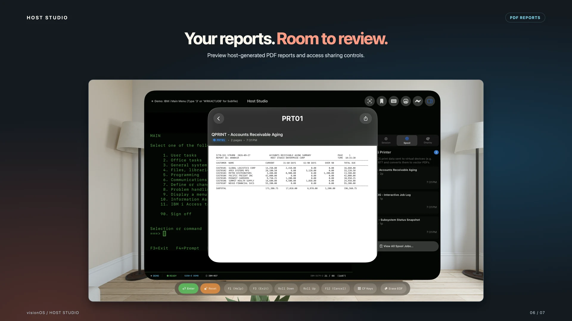Apple Vision Pro — PDF report preview. Your reports. Room to review.