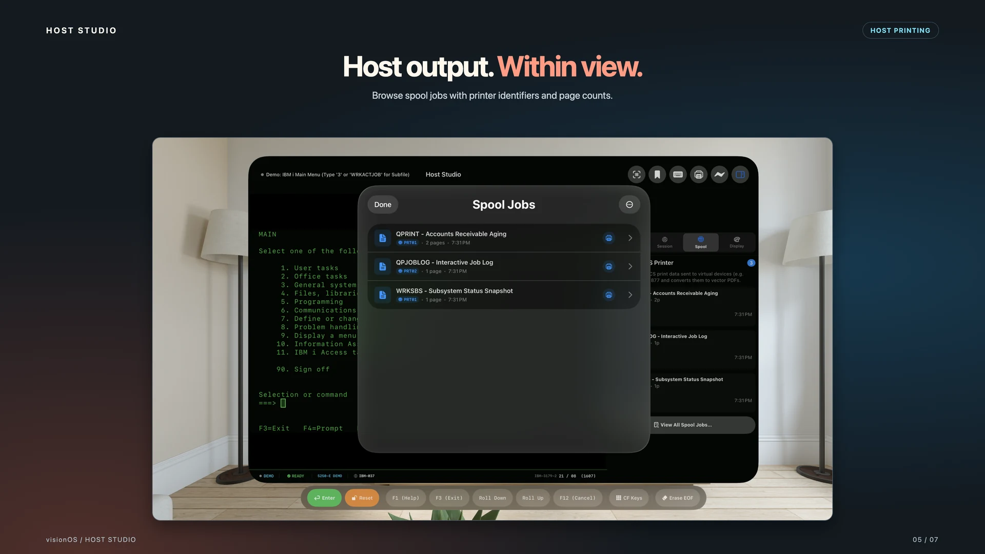 Apple Vision Pro — Spool job queue. Host output. Within view.